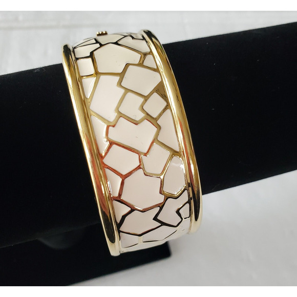 Erwin Pearl Vtg Bangle Bracelet Rare Find Ivory and Gold Plated Hinged Bangle - Picture 1 of 11